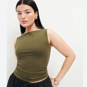 Reformation Dusk Knit Top Square Neckline Sleeveless Blouse Olive Green Large